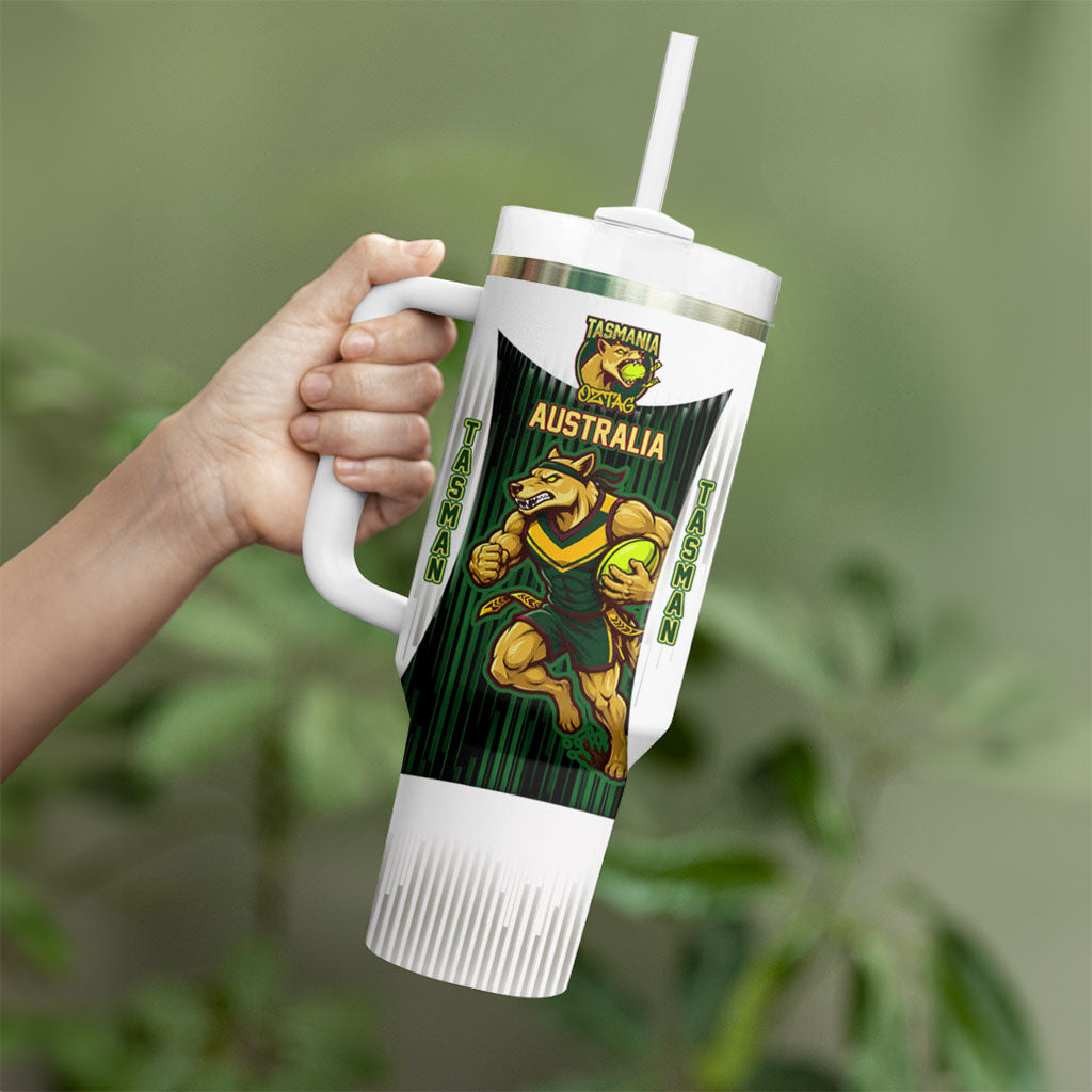 Personalised Tasmania Oztag Mascot Tumbler With Handle Green White Stripe Australian Flag Mascot