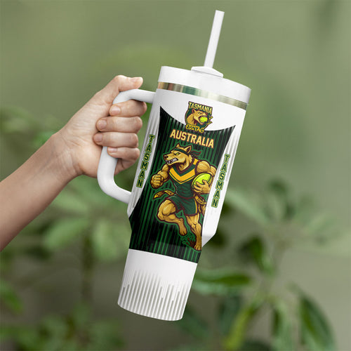 Personalised Tasmania Oztag Mascot Tumbler With Handle Green White Stripe Australian Flag Mascot