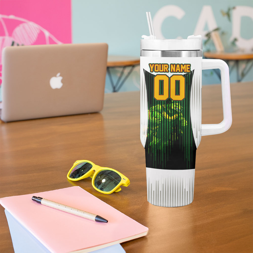 Personalised Tasmania Oztag Mascot Tumbler With Handle Green White Stripe Australian Flag Mascot