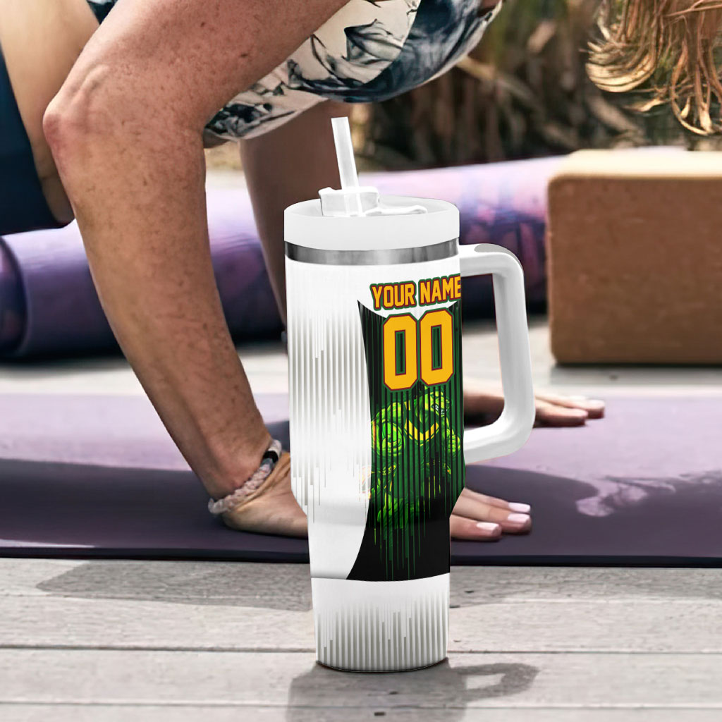 Personalised Tasmania Oztag Mascot Tumbler With Handle Green White Stripe Australian Flag Mascot