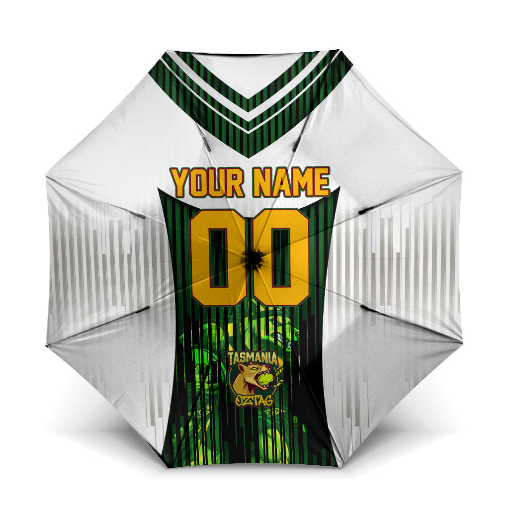 Personalised Tasmania Oztag Mascot Umbrella Green White Stripe Australian Flag Mascot