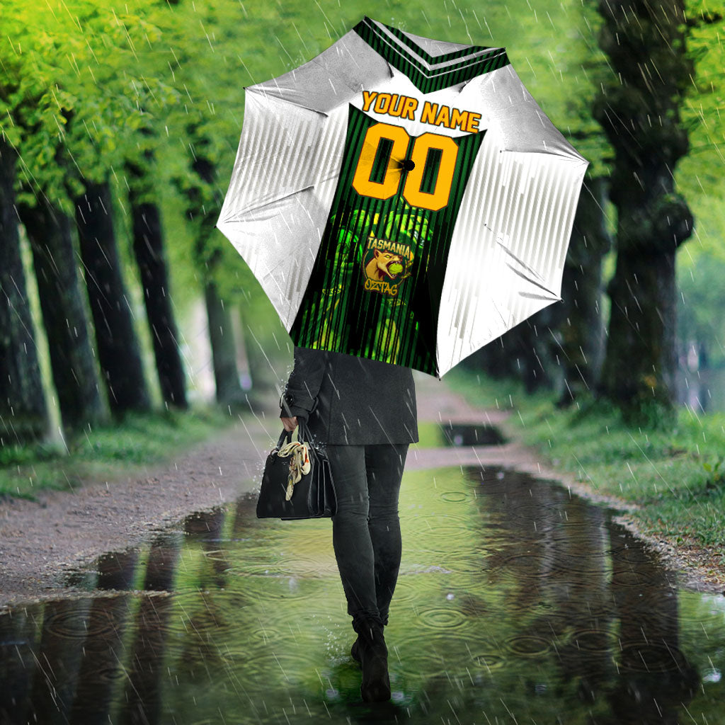 Personalised Tasmania Oztag Mascot Umbrella Green White Stripe Australian Flag Mascot