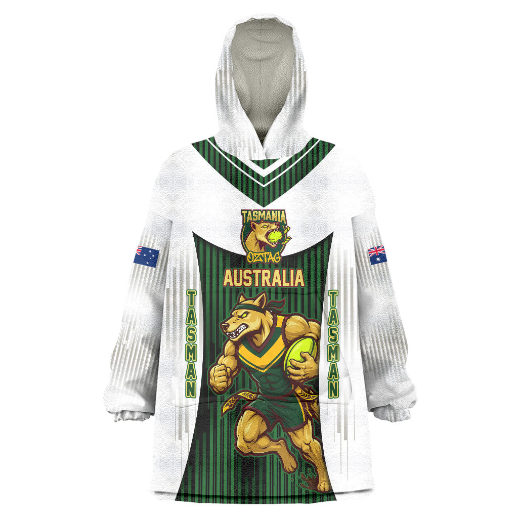 Personalised Tasmania Oztag Mascot Wearable Blanket Hoodie Green White Stripe Australian Flag Mascot