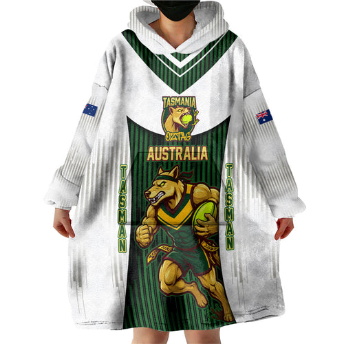Personalised Tasmania Oztag Mascot Wearable Blanket Hoodie Green White Stripe Australian Flag Mascot