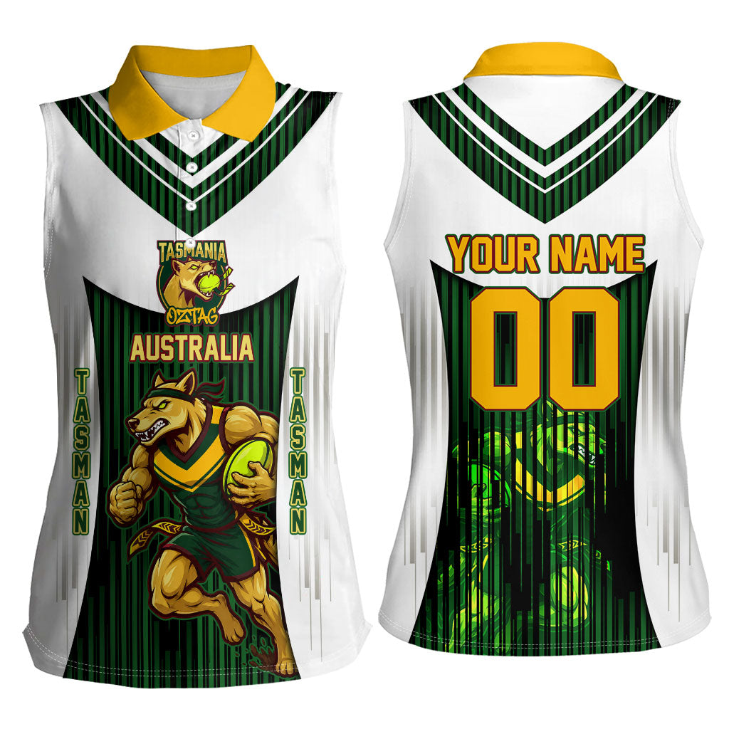 Personalised Tasmania Oztag Mascot Women Sleeveless Polo Shirt Green White Stripe Australian Flag Mascot