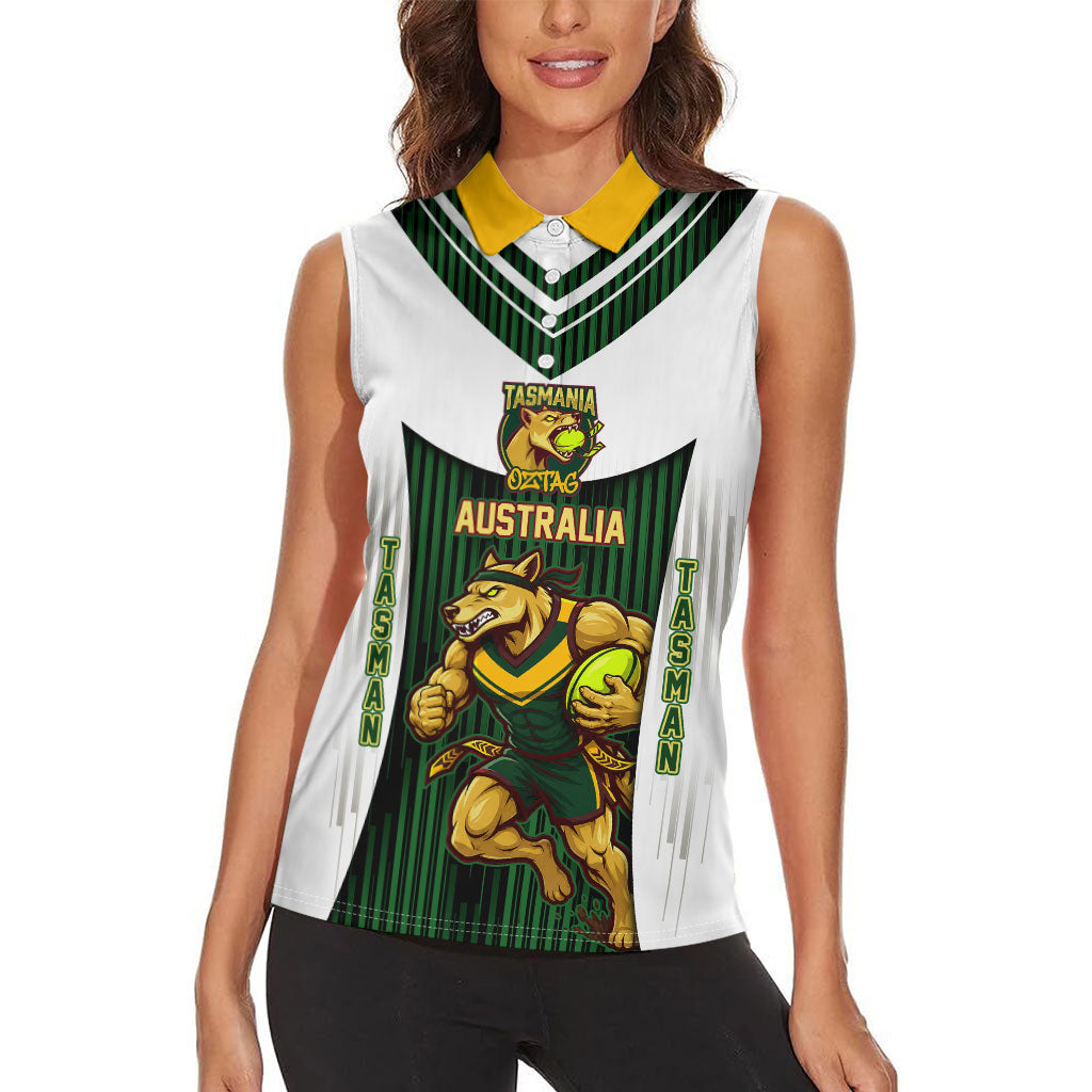 Personalised Tasmania Oztag Mascot Women Sleeveless Polo Shirt Green White Stripe Australian Flag Mascot