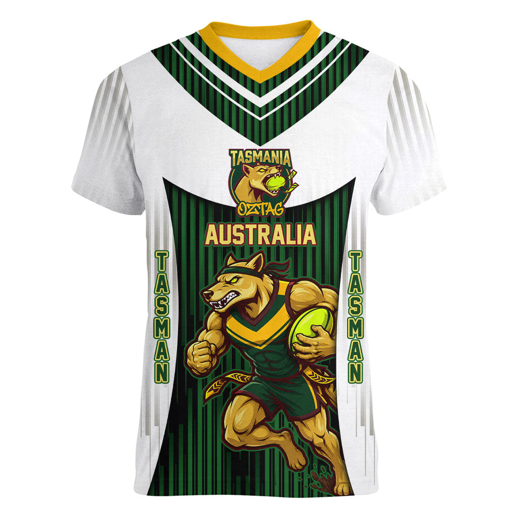 Personalised Tasmania Oztag Mascot Women V-Neck T-Shirt Green White Stripe Australian Flag Mascot