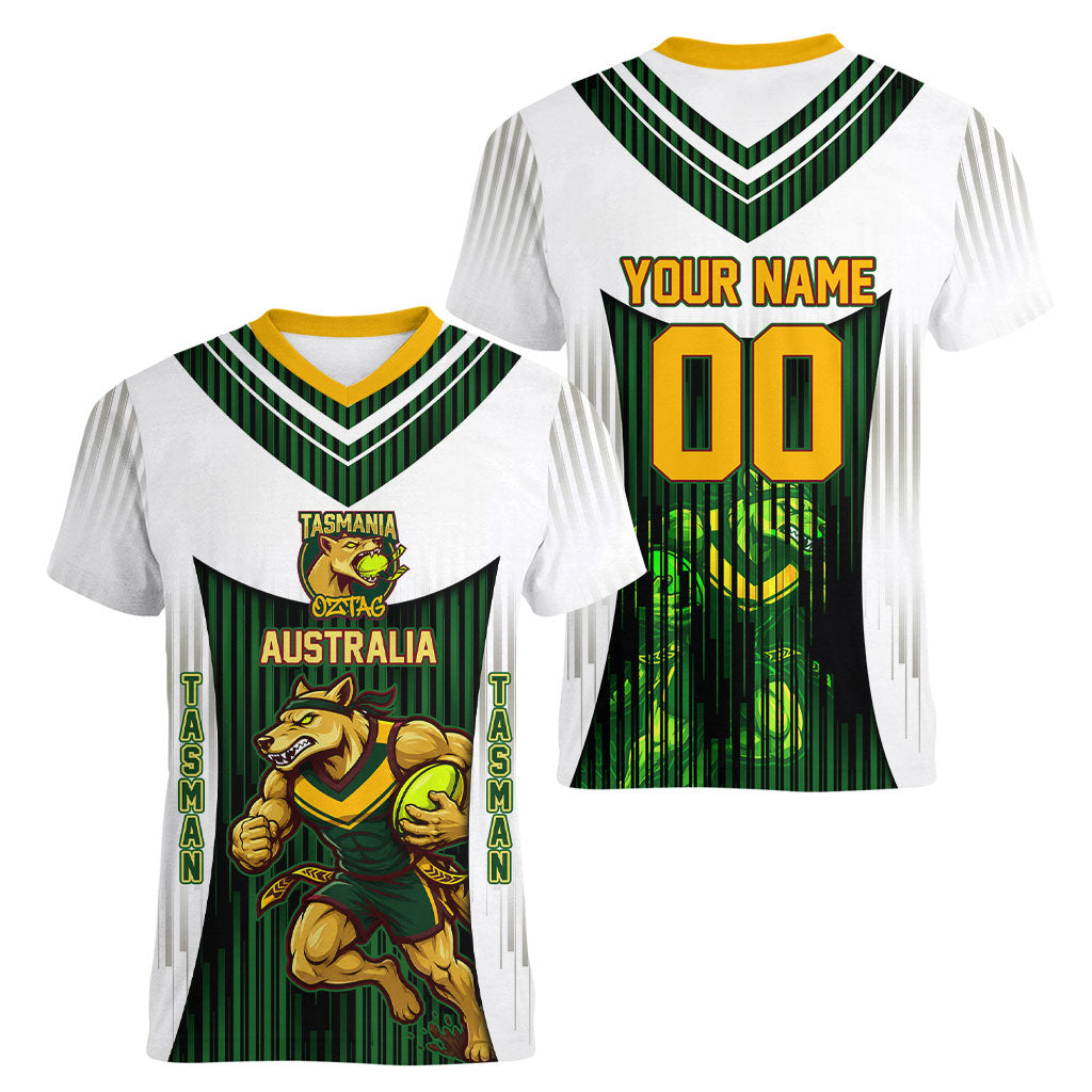 Personalised Tasmania Oztag Mascot Women V-Neck T-Shirt Green White Stripe Australian Flag Mascot
