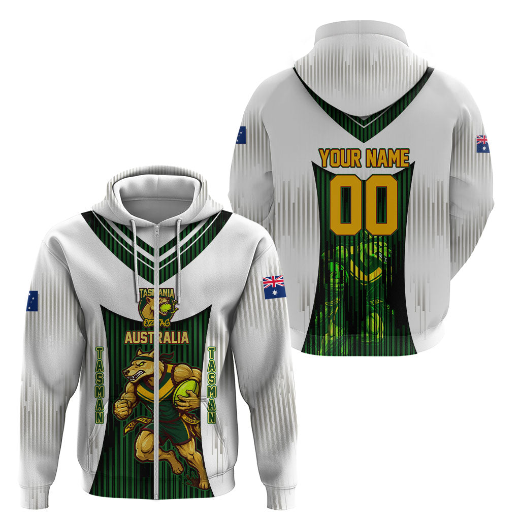 Personalised Tasmania Oztag Mascot Zip Hoodie Green White Stripe Australian Flag Mascot