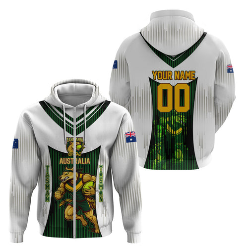 Personalised Tasmania Oztag Mascot Zip Hoodie Green White Stripe Australian Flag Mascot