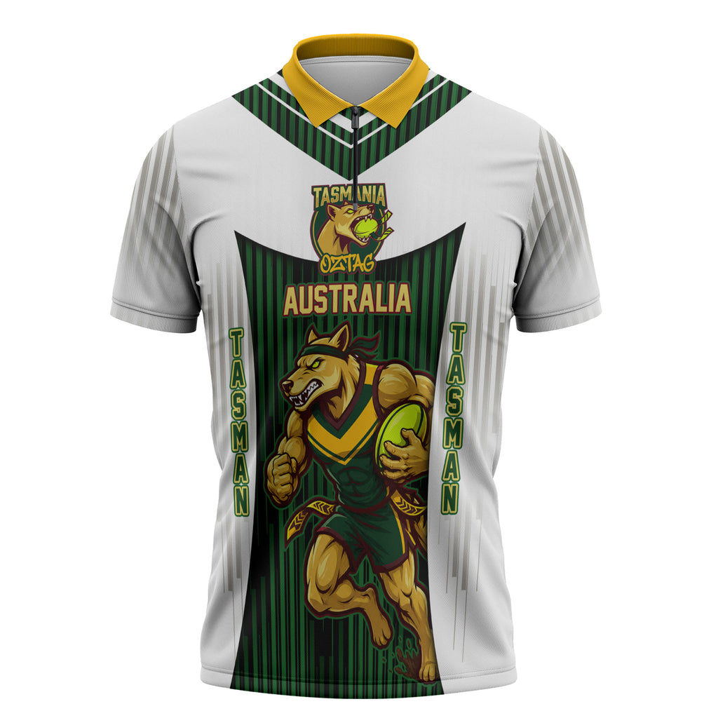Personalised Tasmania Oztag Mascot Zipper Polo Shirt Green White Stripe Australian Flag Mascot