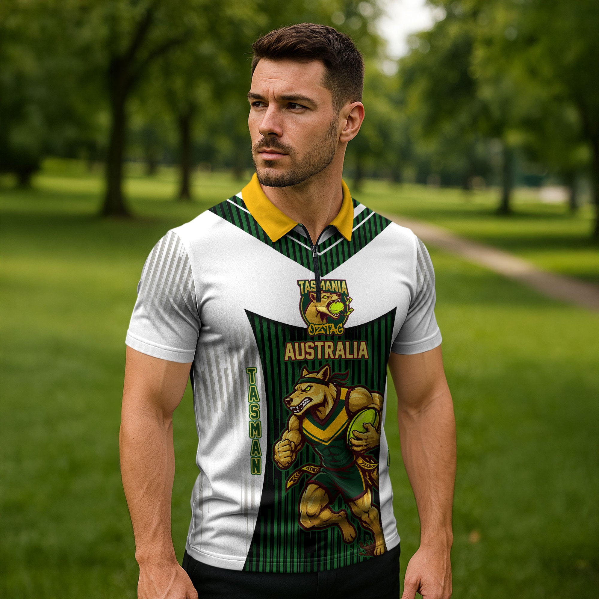 Personalised Tasmania Oztag Mascot Zipper Polo Shirt Green White Stripe Australian Flag Mascot