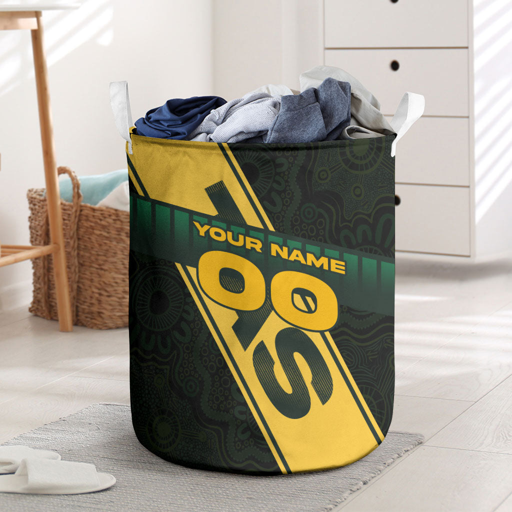 Personalised Tasmania Oztag Laundry Basket Black Gold Aboriginal Pattern
