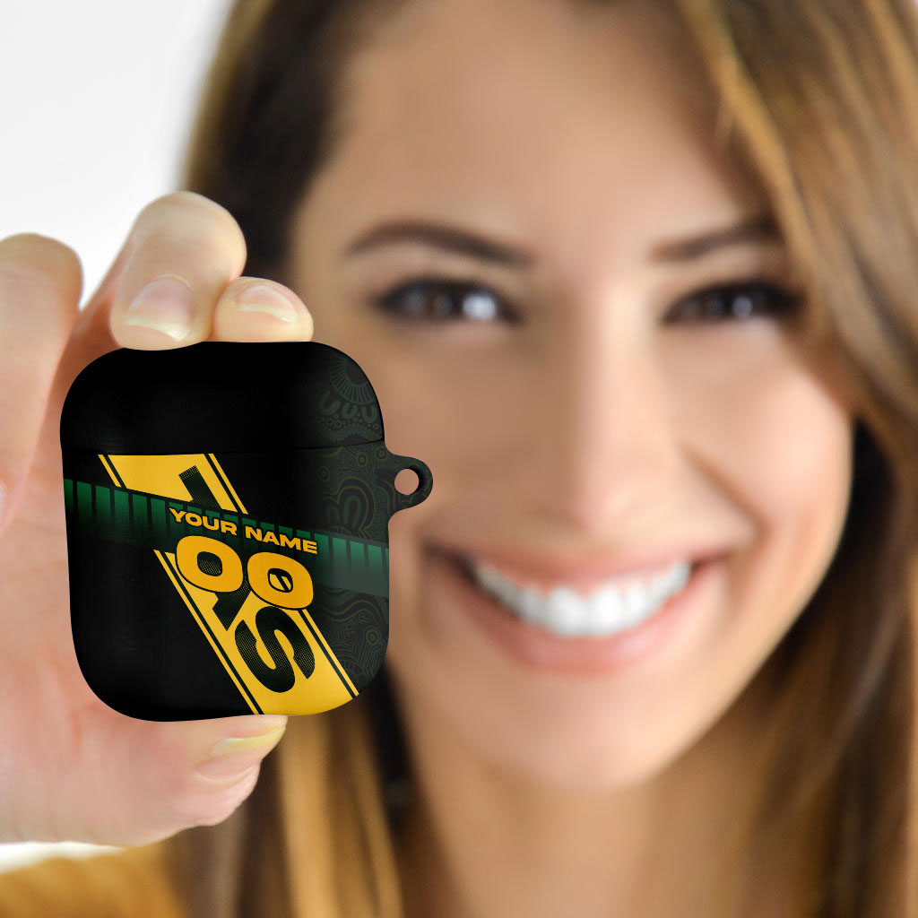 Personalised Tasmania Oztag AirPods Case Black Gold Aboriginal Pattern