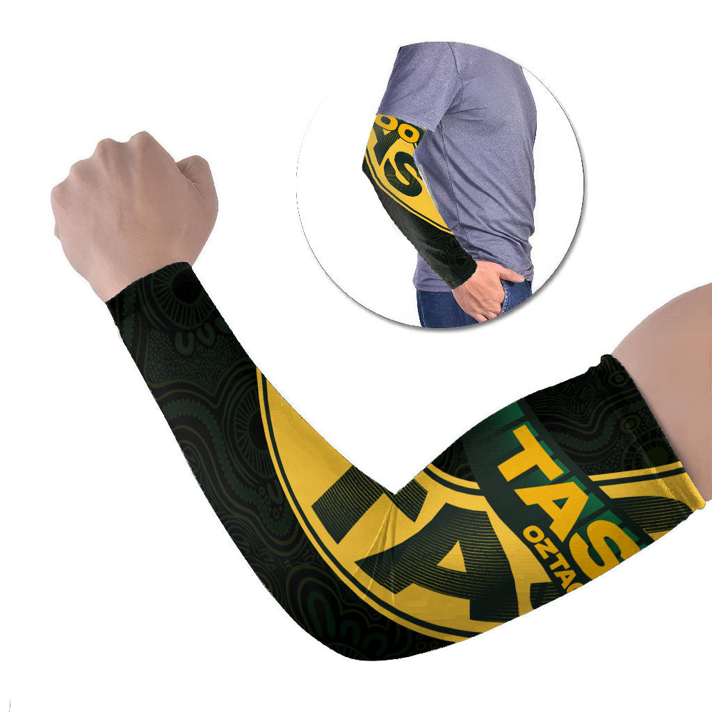 Personalised Tasmania Oztag Arm Sleeves Black Gold Aboriginal Pattern