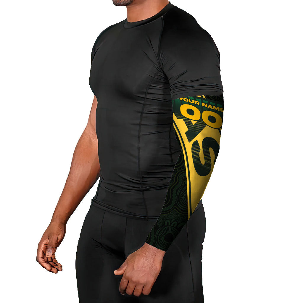 Personalised Tasmania Oztag Arm Sleeves Black Gold Aboriginal Pattern