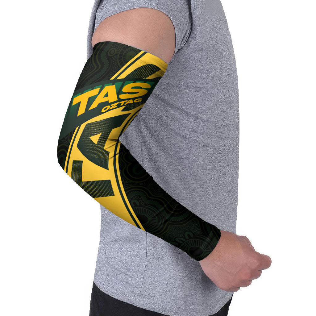 Personalised Tasmania Oztag Arm Sleeves Black Gold Aboriginal Pattern