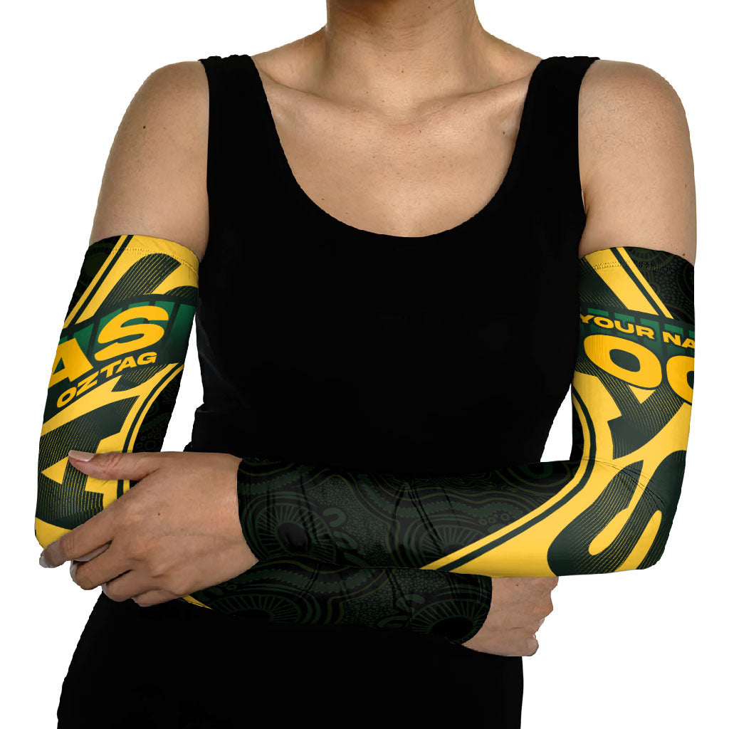 Personalised Tasmania Oztag Arm Sleeves Black Gold Aboriginal Pattern