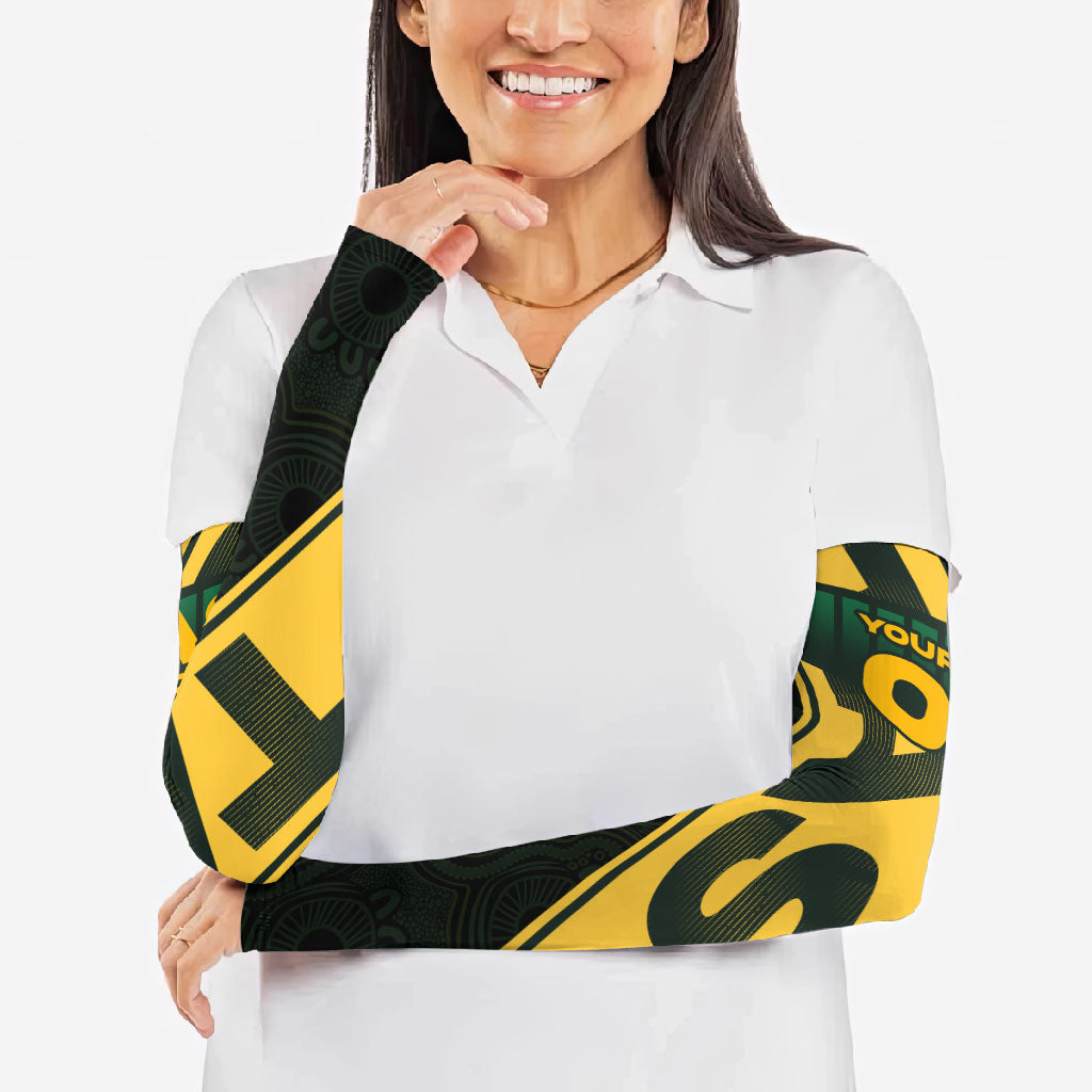Personalised Tasmania Oztag Arm Sleeves Black Gold Aboriginal Pattern