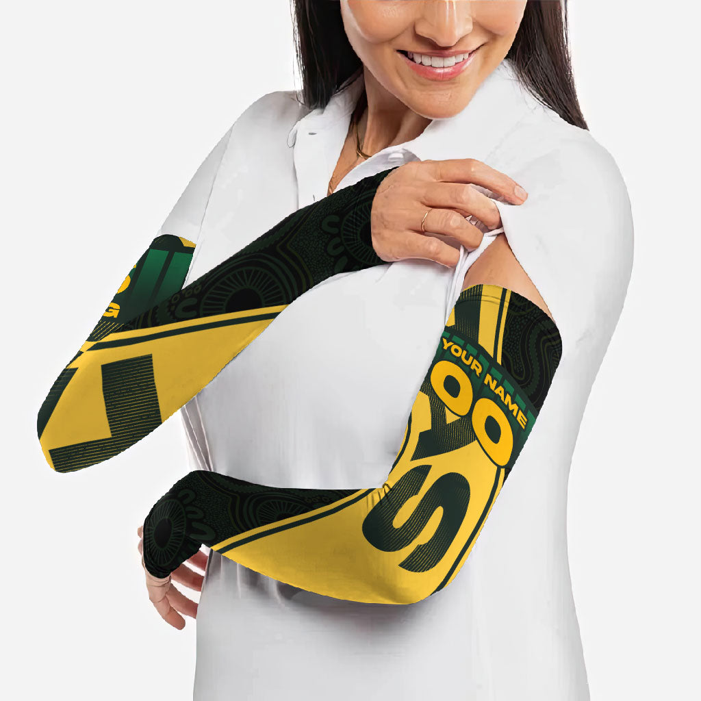Personalised Tasmania Oztag Arm Sleeves Black Gold Aboriginal Pattern