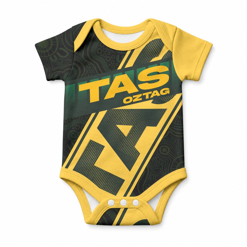 Personalised Tasmania Oztag Baby Onesie Black Gold Aboriginal Pattern