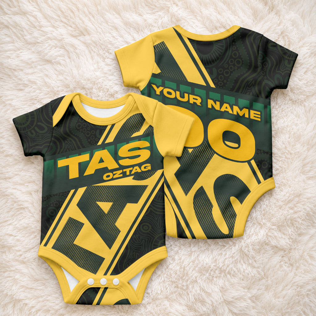 Personalised Tasmania Oztag Baby Onesie Black Gold Aboriginal Pattern