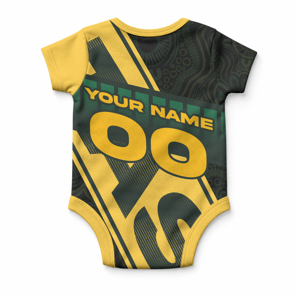 Personalised Tasmania Oztag Baby Onesie Black Gold Aboriginal Pattern