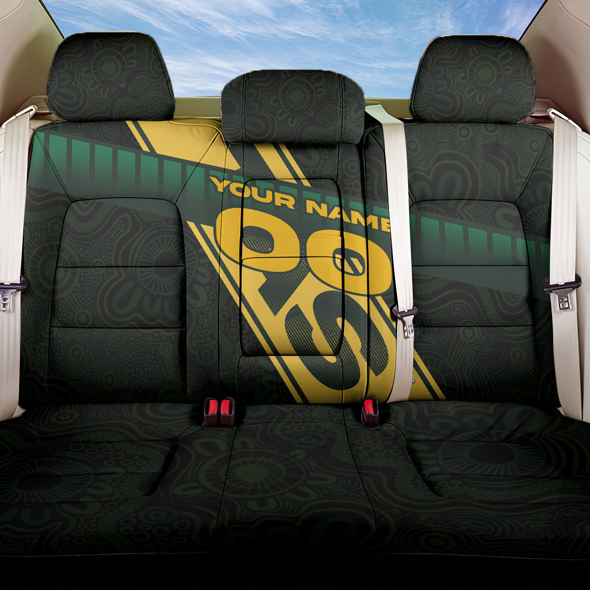 Personalised Tasmania Oztag Back Car Seat Cover Black Gold Aboriginal Pattern