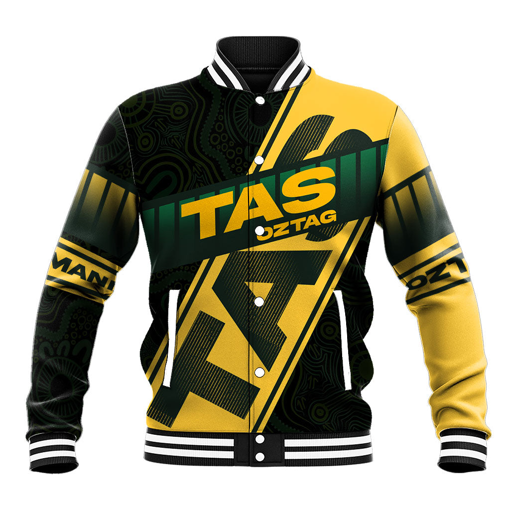 Personalised Tasmania Oztag Baseball Jacket Black Gold Aboriginal Pattern