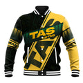 Personalised Tasmania Oztag Baseball Jacket Black Gold Aboriginal Pattern