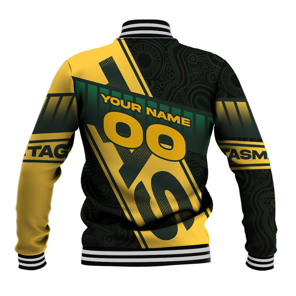 Personalised Tasmania Oztag Baseball Jacket Black Gold Aboriginal Pattern