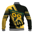 Personalised Tasmania Oztag Baseball Jacket Black Gold Aboriginal Pattern
