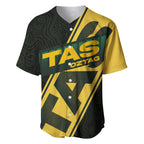 Personalised Tasmania Oztag Baseball Jersey Black Gold Aboriginal Pattern