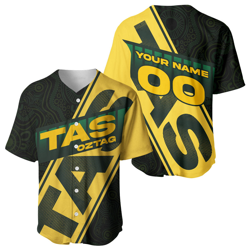 Personalised Tasmania Oztag Baseball Jersey Black Gold Aboriginal Pattern
