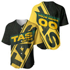 Personalised Tasmania Oztag Baseball Jersey Black Gold Aboriginal Pattern