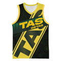 Personalised Tasmania Oztag Basketball Jersey Black Gold Aboriginal Pattern