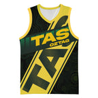 Personalised Tasmania Oztag Basketball Jersey Black Gold Aboriginal Pattern