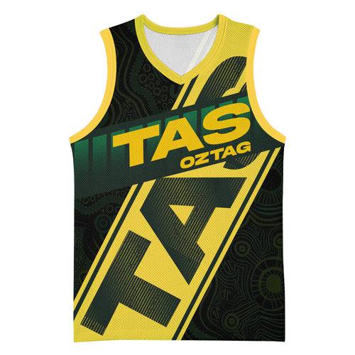 Personalised Tasmania Oztag Basketball Jersey Black Gold Aboriginal Pattern