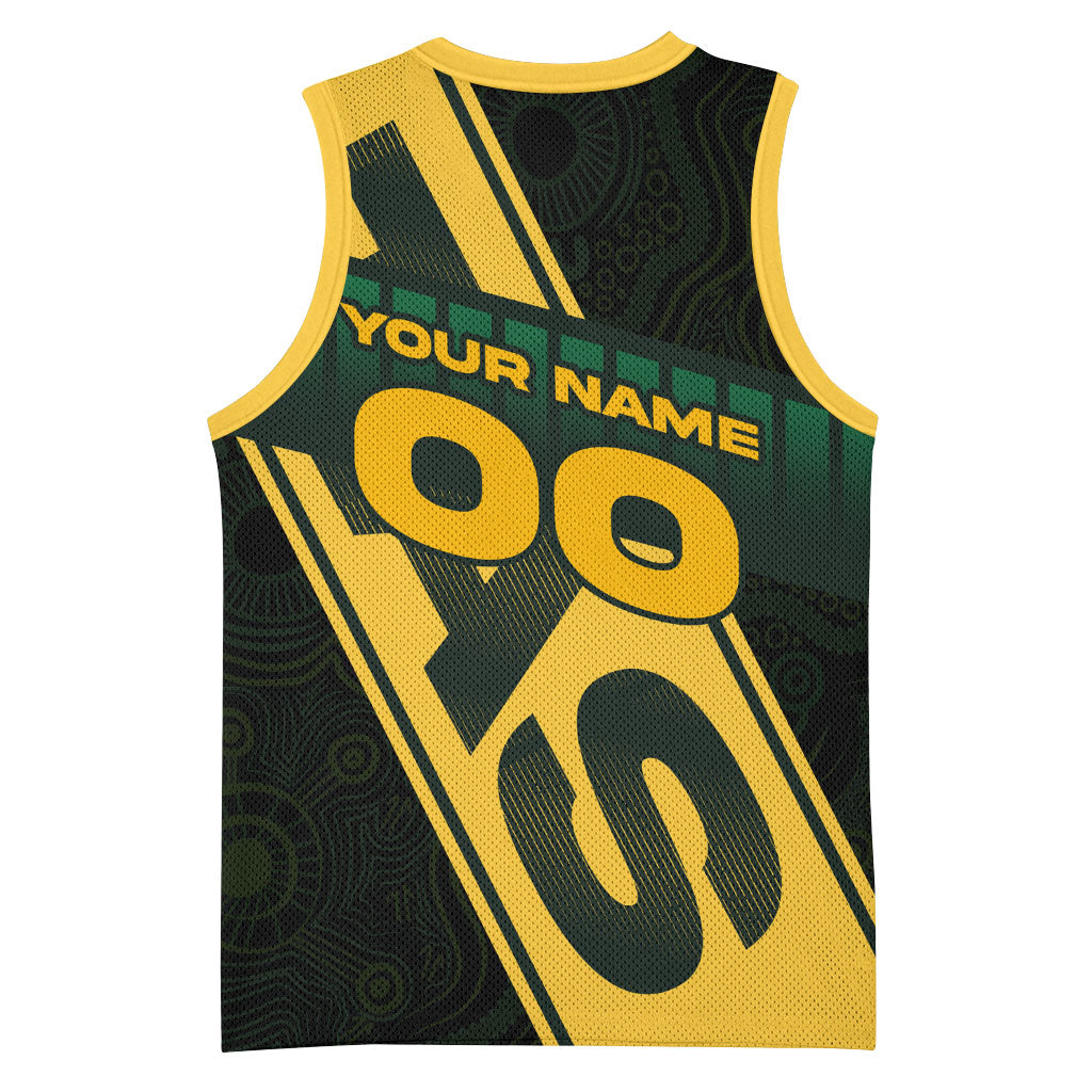 Personalised Tasmania Oztag Basketball Jersey Black Gold Aboriginal Pattern