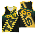 Personalised Tasmania Oztag Basketball Jersey Black Gold Aboriginal Pattern