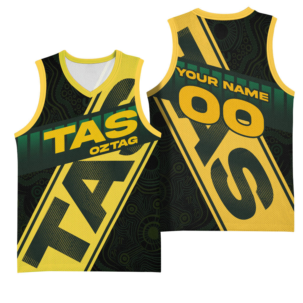 Personalised Tasmania Oztag Basketball Jersey Black Gold Aboriginal Pattern