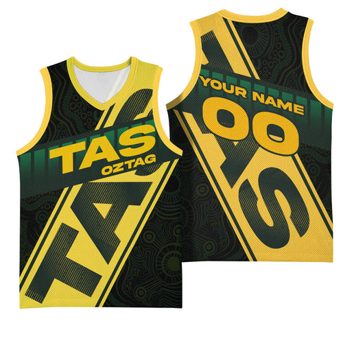 Personalised Tasmania Oztag Basketball Jersey Black Gold Aboriginal Pattern