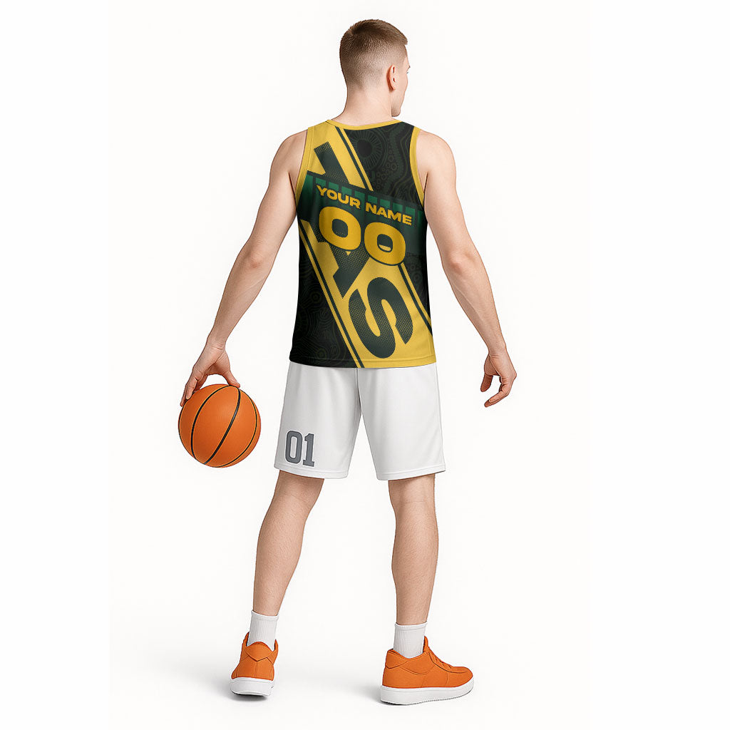 Personalised Tasmania Oztag Basketball Jersey Black Gold Aboriginal Pattern