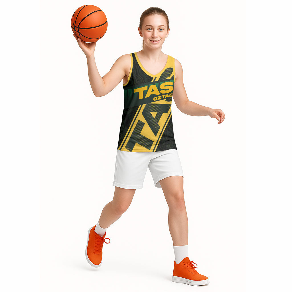 Personalised Tasmania Oztag Basketball Jersey Black Gold Aboriginal Pattern