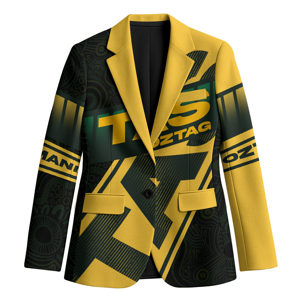 Personalised Tasmania Oztag Blazer Black Gold Aboriginal Pattern