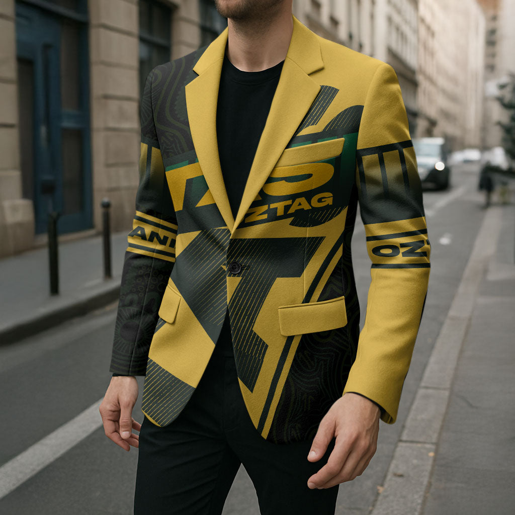 Personalised Tasmania Oztag Blazer Black Gold Aboriginal Pattern
