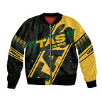 Personalised Tasmania Oztag Bomber Jacket Black Gold Aboriginal Pattern