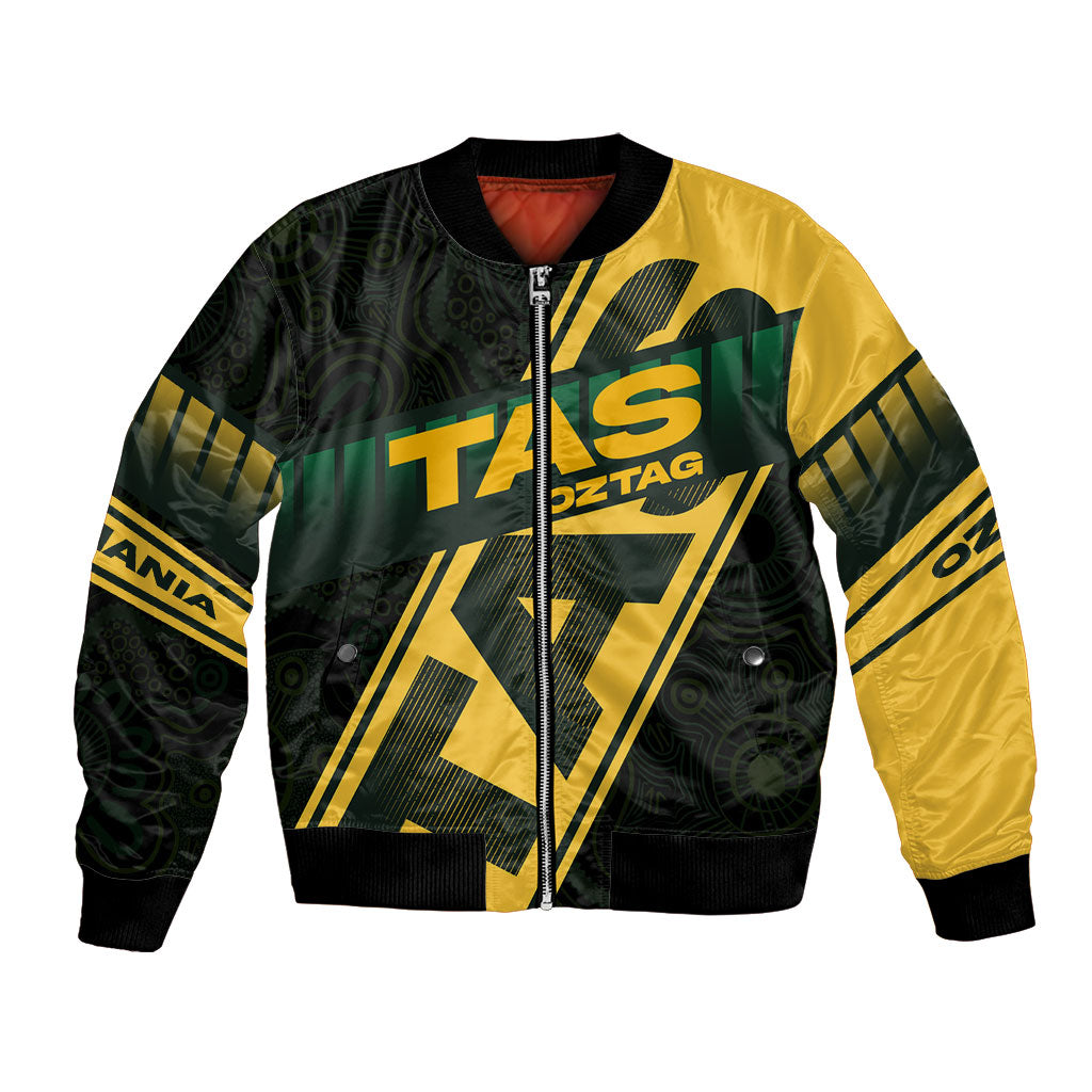 Personalised Tasmania Oztag Bomber Jacket Black Gold Aboriginal Pattern