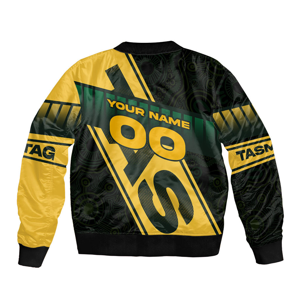 Personalised Tasmania Oztag Bomber Jacket Black Gold Aboriginal Pattern