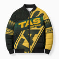 Personalised Tasmania Oztag Bomber Puffer Jacket Black Gold Aboriginal Pattern